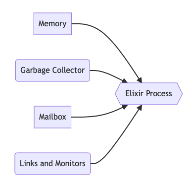 A graph of Elixir process parts. A process has memory, a garbage collector, a mailbox, and links to other processses